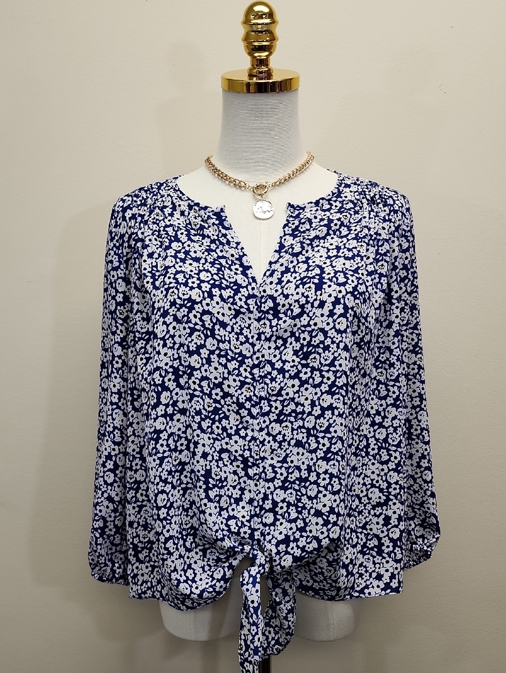 Collective Concepts Floral Tie Front Blouse Navy Ditsy Print Long Size Small